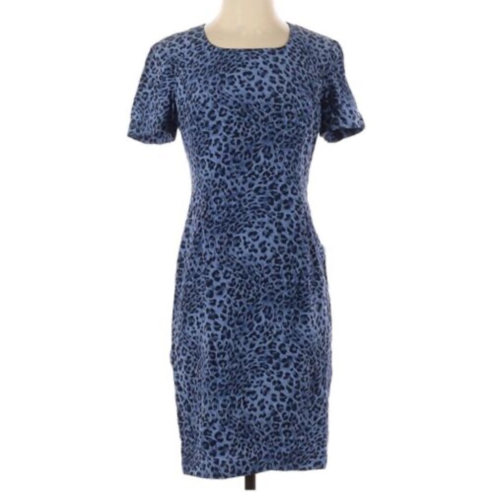 Vintage Maggy London Blue Sheath Leopard Print Dress 100% silk Size 10